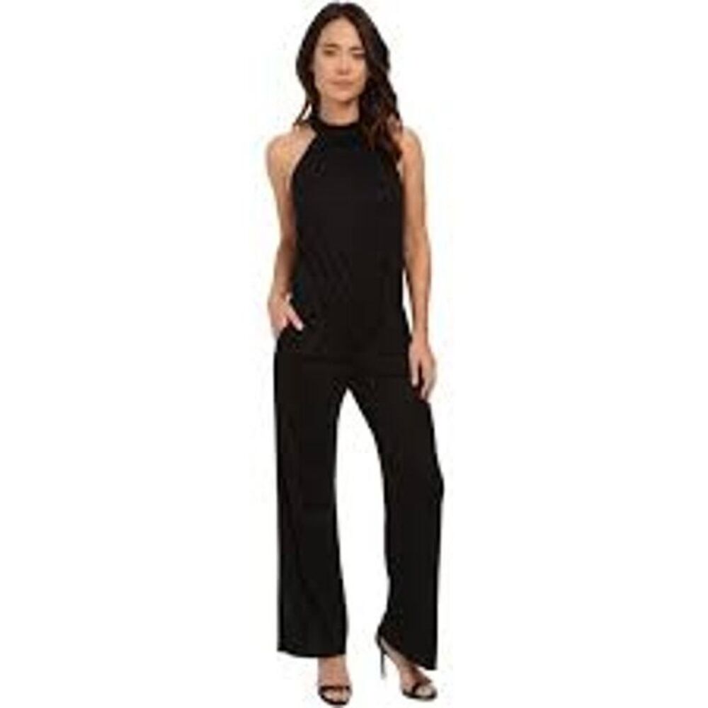 Trina Turk Jumpsuit Sz 12 Black Halter Sleeveless Flare Leg Minimalist Modern